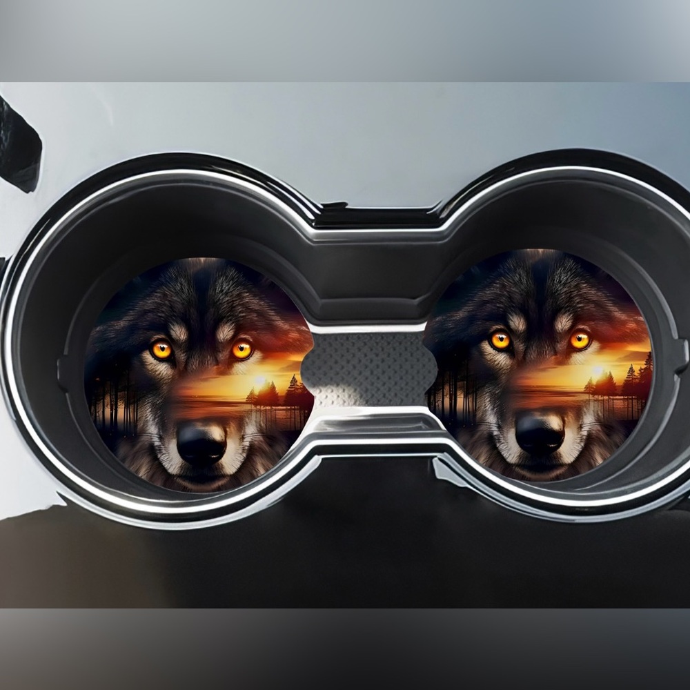 Wolf Sunset Car Coasters Absorbent Set of (2)